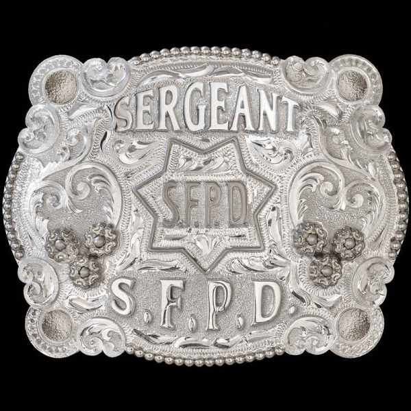 Let's hear it for the Boys in Blue. This law-enforcement inspired buckle is crafted on a hand-engraved, German Silver base. The intricate scrollwork adds depth to this classy buckle. Detailed with beaded edges, German Silver flowers and an outline of a Sh
